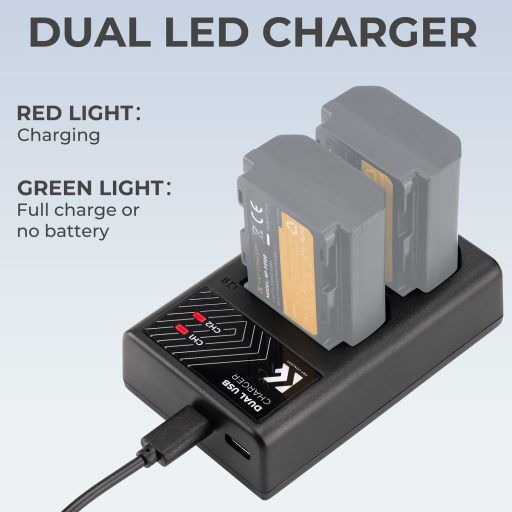 K&F Concept hordozható dupla BC-QZ1 akkumulátor töltő, USB-C, 2db FZ100 akkumulátorhoz