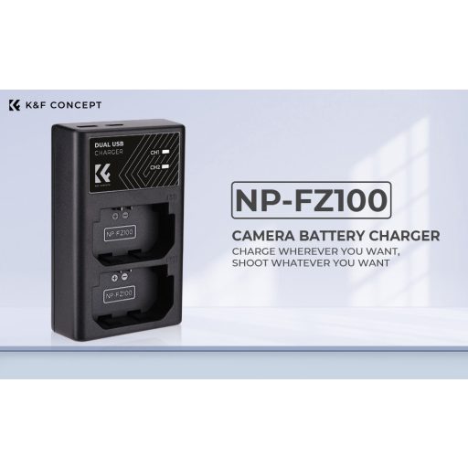 K&F Concept hordozható dupla BC-QZ1 akkumulátor töltő, USB-C, 2db FZ100 akkumulátorhoz
