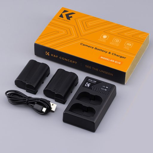 K&F Concept hordozható dupla USB-C akkumulátor MH-25 töltő + 2db EN-EL15 akkumulátor 2100mAh
