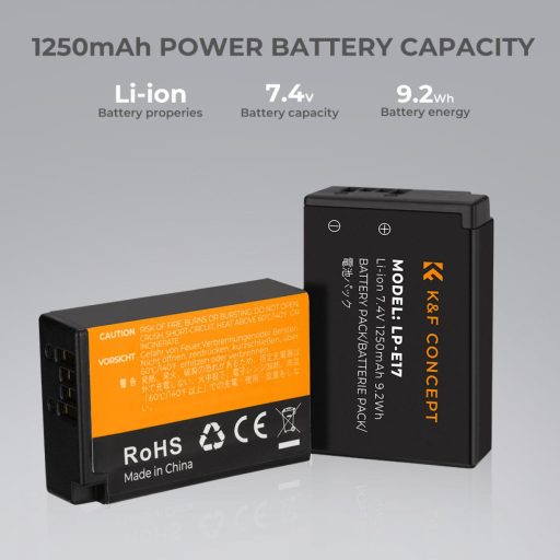K&F Concept hordozható dupla USB-C akkumulátor LC-E17 töltő + 2db LP-E17 akkumulátor 1250mAh