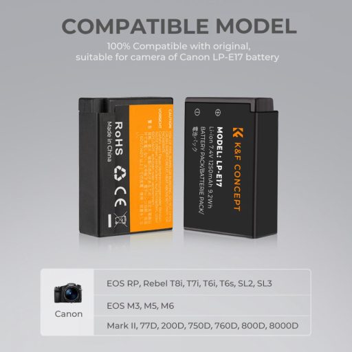K&F Concept hordozható dupla USB-C akkumulátor LC-E17 töltő + 2db LP-E17 akkumulátor 1250mAh
