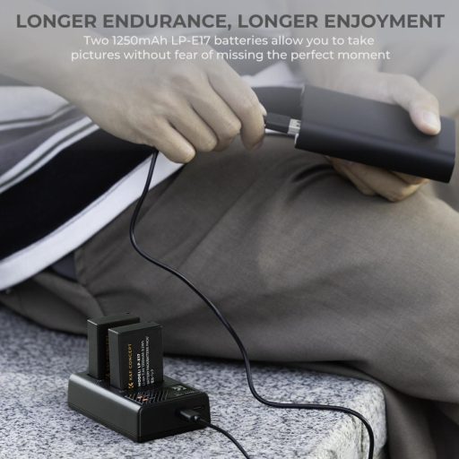 K&F Concept hordozható dupla USB-C akkumulátor LC-E17 töltő + 2db LP-E17 akkumulátor 1250mAh