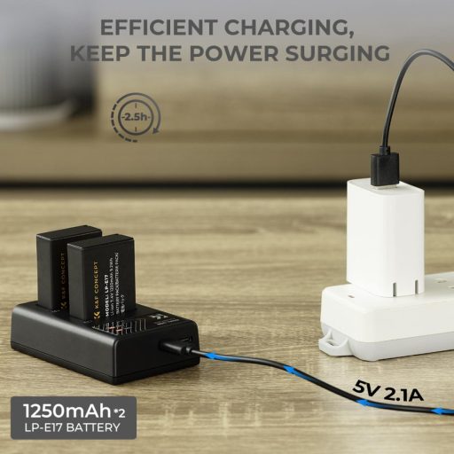 K&F Concept hordozható dupla USB-C akkumulátor LC-E17 töltő + 2db LP-E17 akkumulátor 1250mAh
