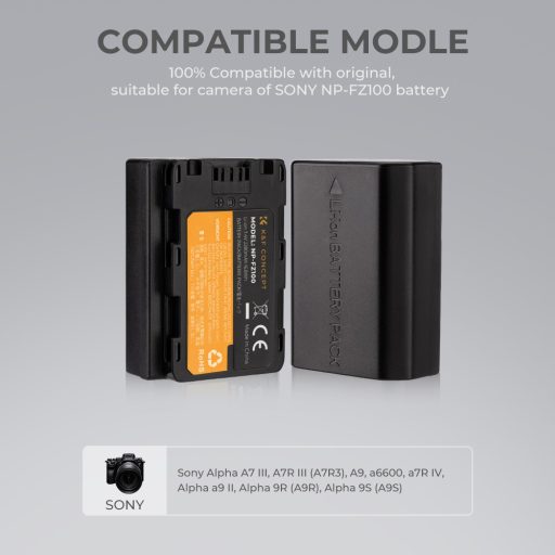 K&F Concept hordozható dupla USB-C akkumulátor BC-QZ1 töltő + 2db FZ100 akkumulátor 2280mAh