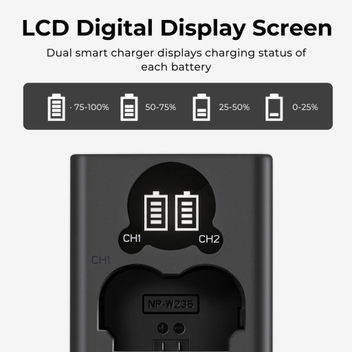 K&F Concept hordozható dupla USB-C akkumulátor NP-W235 töltő, LCD + 2db NP-W235 akkumulátor 2200mAh