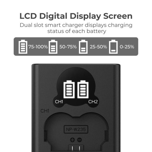 K&F Concept hordozható dupla NP-W235 akkumulátor töltő, LCD, USB-C, 2db NP-W235 akkumulátorhoz