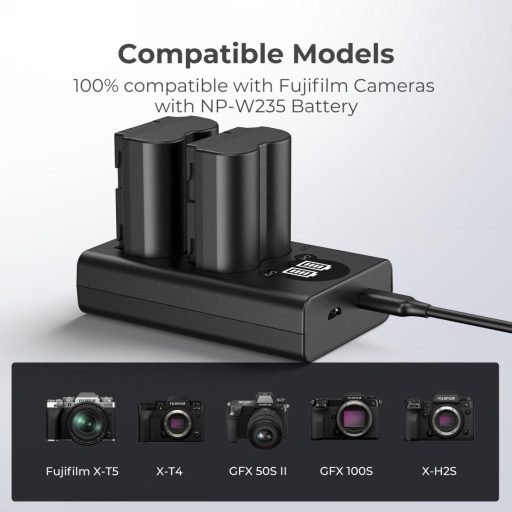 K&F Concept hordozható dupla NP-W235 akkumulátor töltő, LCD, USB-C, 2db NP-W235 akkumulátorhoz