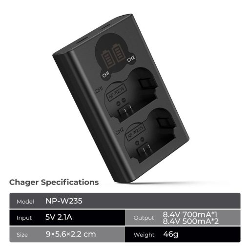 K&F Concept hordozható dupla NP-W235 akkumulátor töltő, LCD, USB-C, 2db NP-W235 akkumulátorhoz