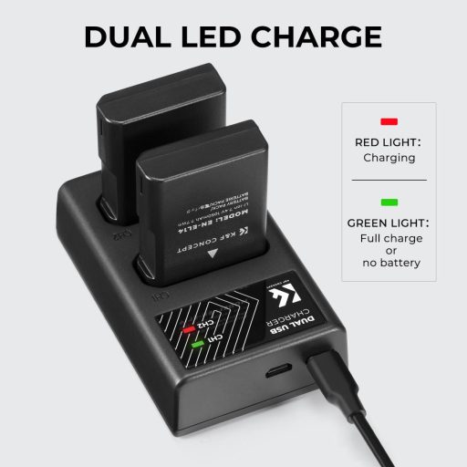 K&F Concept hordozható dupla USB-C akkumulátor MH-24 töltő + 2db EN-EL14 akkumulátor 1050mAh