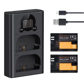   K&F Concept hordozható dupla USB-C akkumulátor LC-E6 töltő, LCD + 2db LP-E6NH akkumulátor 2250mAh