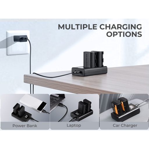 K&F Concept hordozható dupla USB-C akkumulátor LC-E6 töltő, LCD + 2db LP-E6NH akkumulátor 2250mAh
