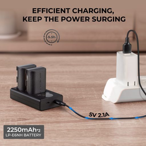 K&F Concept hordozható dupla USB-C akkumulátor LC-E6 töltő, LCD + 2db LP-E6NH akkumulátor 2250mAh