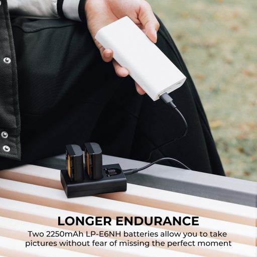 K&F Concept hordozható dupla USB-C akkumulátor LC-E6 töltő, LCD + 2db LP-E6NH akkumulátor 2250mAh