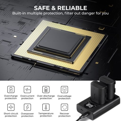 K&F Concept hordozható dupla USB-C akkumulátor LC-E6 töltő, LCD + 2db LP-E6NH akkumulátor 2250mAh