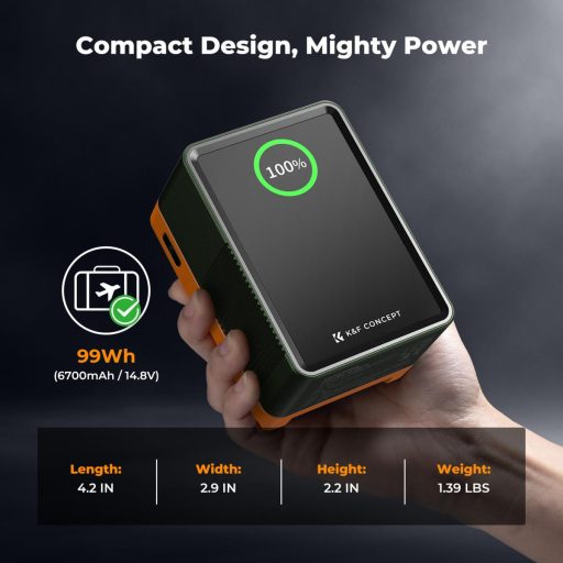 K&F Concept V-Mount Mini Pro akkumulátor, 99Wh, 14.8V, 6700mAH, 100W, BP, D-TAP, TFT kijelző, zöld