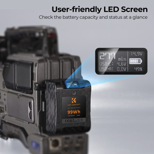 K&F Concept V-Mount akkumulátor, 99Wh, 14.8V, 6700mAH, PD65W, oled kijelző