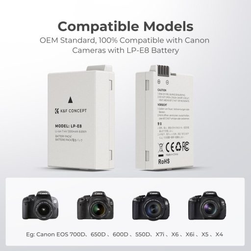 K&F Concept hordozható dupla USB-C akkumulátor LC-E12E töltő + 2db LP-E8 akkumulátor 1250mAh