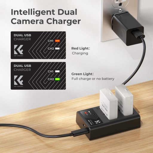 K&F Concept hordozható dupla USB-C akkumulátor LC-E12E töltő + 2db LP-E8 akkumulátor 1250mAh