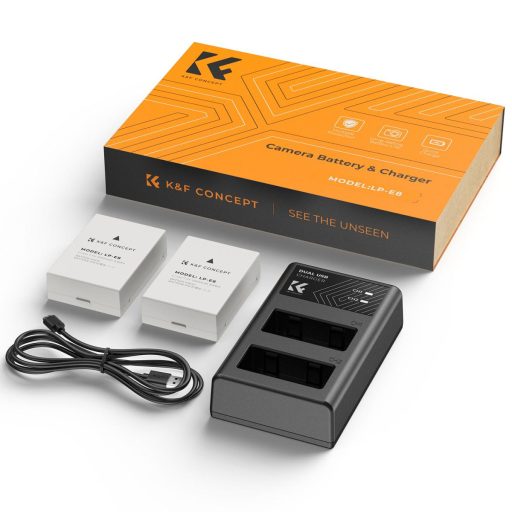 K&F Concept hordozható dupla USB-C akkumulátor LC-E12E töltő + 2db LP-E8 akkumulátor 1250mAh