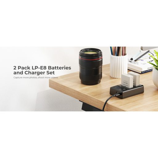 K&F Concept hordozható dupla USB-C akkumulátor LC-E12E töltő + 2db LP-E8 akkumulátor 1250mAh