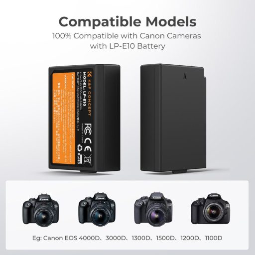 K&F Concept hordozható dupla USB-C akkumulátor LC-E10 töltő + 2db LP-E10 akkumulátor 1200mAh