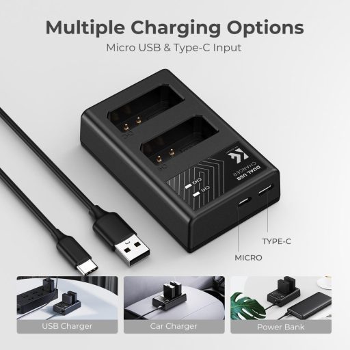 K&F Concept hordozható dupla USB-C akkumulátor LC-E10 töltő + 2db LP-E10 akkumulátor 1200mAh