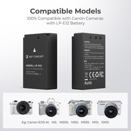 K&F Concept hordozható dupla USB-C akkumulátor LC-E12 töltő + 2db LP-E12 akkumulátor 1100mAh