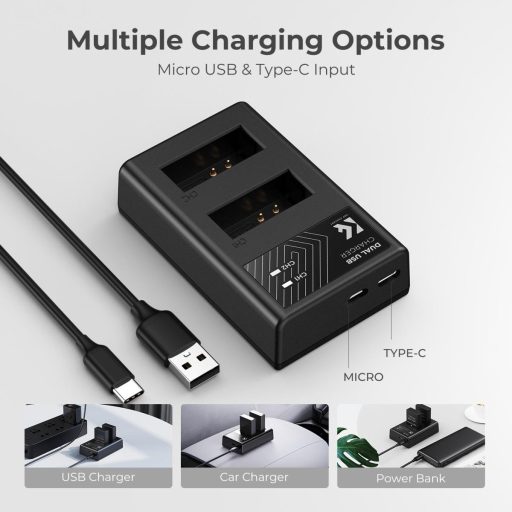 K&F Concept hordozható dupla USB-C akkumulátor LC-E12 töltő + 2db LP-E12 akkumulátor 1100mAh