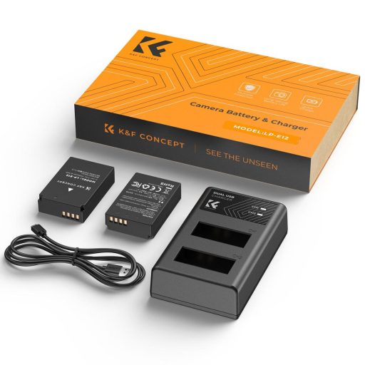 K&F Concept hordozható dupla USB-C akkumulátor LC-E12 töltő + 2db LP-E12 akkumulátor 1100mAh