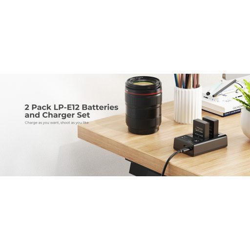 K&F Concept hordozható dupla USB-C akkumulátor LC-E12 töltő + 2db LP-E12 akkumulátor 1100mAh