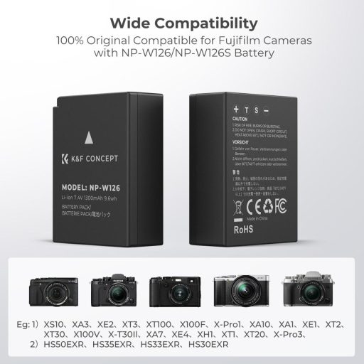 K&F Concept hordozható dupla USB-C akkumulátor BC-W126 töltő + 2db NP-W126 akkumulátor 1300mAh