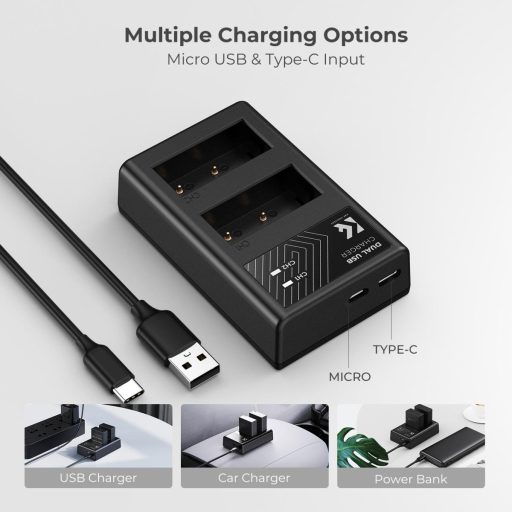 K&F Concept hordozható dupla USB-C akkumulátor BC-W126 töltő + 2db NP-W126 akkumulátor 1300mAh