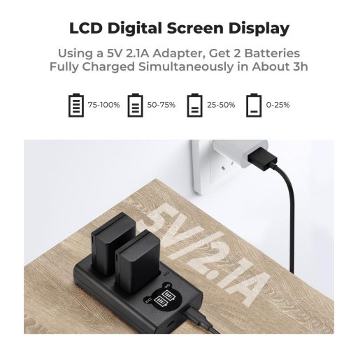 K&F Concept hordozható dupla USB-C akkumulátor MH-32 töltő, LCD + 2db EN-EL25 akkumulátor 1600mAh
