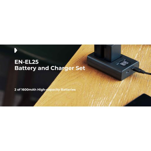 K&F Concept hordozható dupla USB-C akkumulátor MH-32 töltő, LCD + 2db EN-EL25 akkumulátor 1600mAh