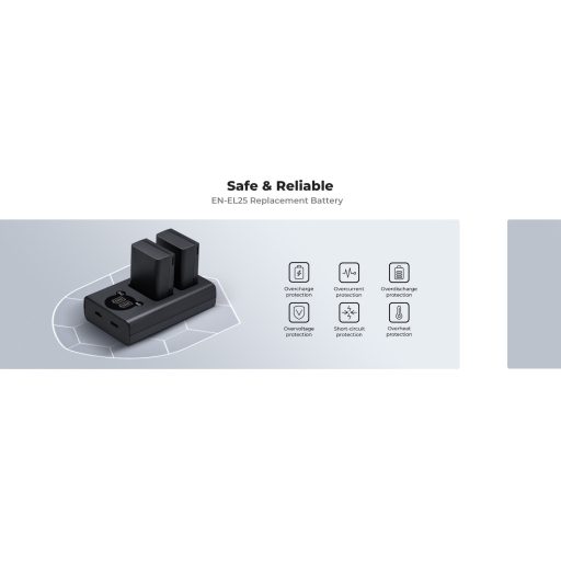 K&F Concept hordozható dupla USB-C akkumulátor MH-32 töltő, LCD + 2db EN-EL25 akkumulátor 1600mAh