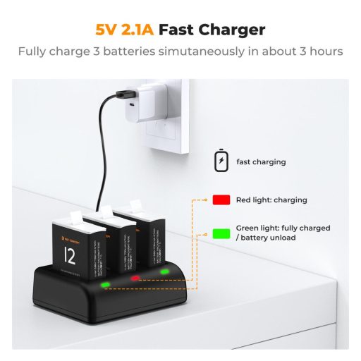 K&F Concept hordozható tripla USB-C akkumulátor töltő +3db GoPro Hero 12/11/10/9 akkumulátor 1730mAh