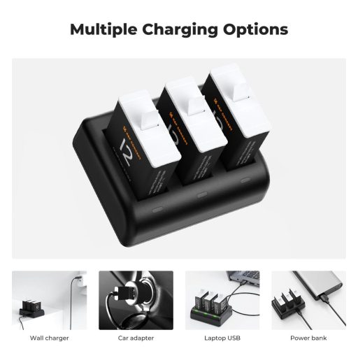 K&F Concept hordozható tripla USB-C akkumulátor töltő +3db GoPro Hero 12/11/10/9 akkumulátor 1730mAh