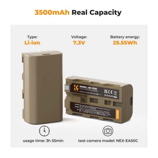 K&F Concep NP-F550 akkumulátor 3500mAh, USB-C csatlakozóval