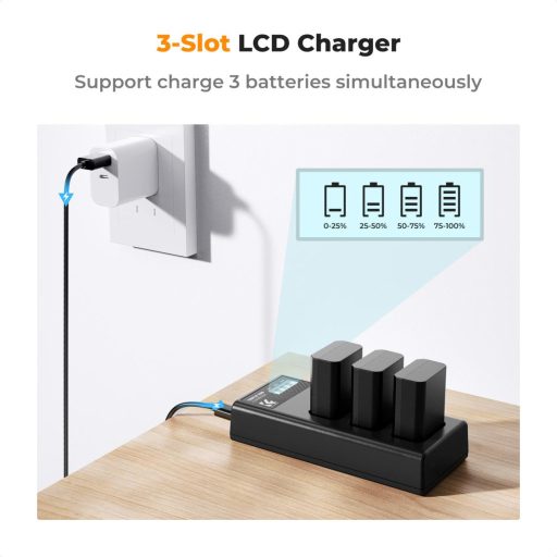 K&F Concept hordozható tripla USB-C akkumulátor BC-TRW töltő, LCD + 3db FW50 akkumulátor 1100mAh