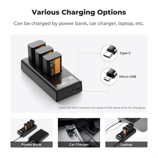 K&F Concept hordozható tripla USB-C akkumulátor BC-TRW töltő, LCD + 3db FW50 akkumulátor 1100mAh