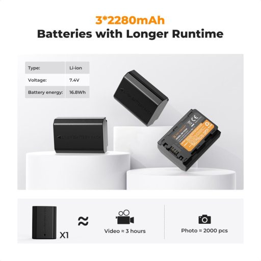 K&F Concept hordozható tripla USB-C akkumulátor BC-QZ1 töltő, LCD + 3db FZ100 akkumulátor 2280mAh