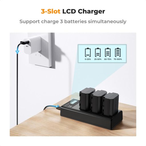 K&F Concept hordozható tripla USB-C akkumulátor BC-QZ1 töltő, LCD + 3db FZ100 akkumulátor 2280mAh