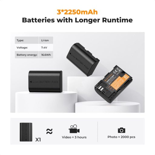 K&F Concept hordozható tripla USB-C akkumulátor LC-E6NH töltő, LCD + 3db LP-E6NH akkumulátor 2250mAh