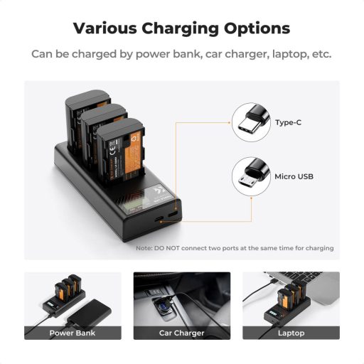 K&F Concept hordozható tripla USB-C akkumulátor LC-E6NH töltő, LCD + 3db LP-E6NH akkumulátor 2250mAh