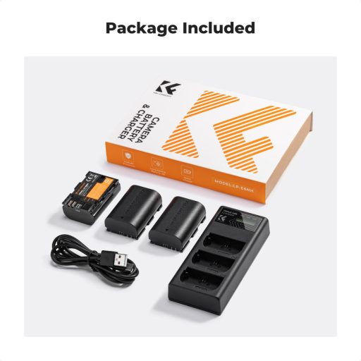 K&F Concept hordozható tripla USB-C akkumulátor LC-E6NH töltő, LCD + 3db LP-E6NH akkumulátor 2250mAh