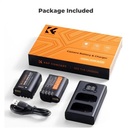 K&F Concept hordozható dupla USB-C akku DMW-BLK22 töltő, LCD + 2db DMW-BLK22 akkumulátor 2400mAh