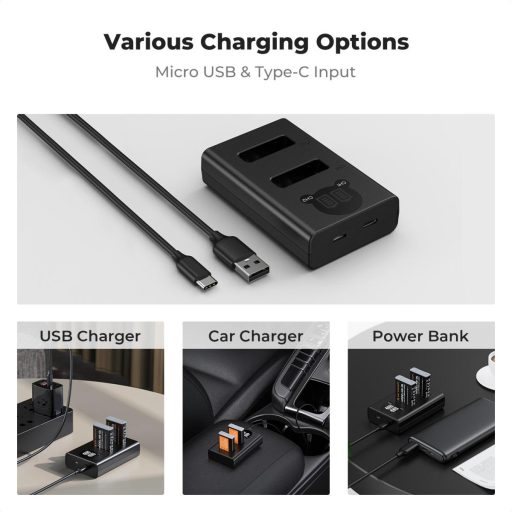 K&F Concept hordozható dupla USB-C akkumulátor CB-2LHE töltő, LCD + 2db NB-13L akkumulátor 1250mAh