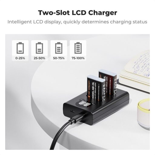 K&F Concept hordozható dupla USB-C akkumulátor CB-2LHE töltő, LCD + 2db NB-13L akkumulátor 1250mAh