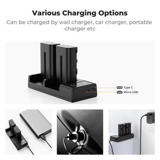 K&F Concept hordozható dupla USB-C akkumulátor NP-F550 töltő + 2db NP-F550 akkumulátor 2600mAh