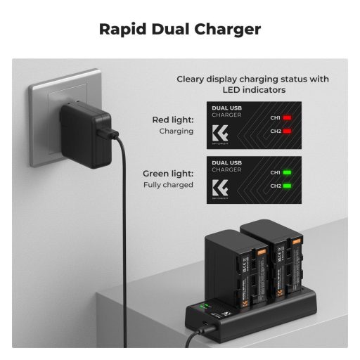 K&F Concept hordozható dupla USB-C akkumulátor NP-F970 töltő + 2db NP-F970 akkumulátor 6600mAh